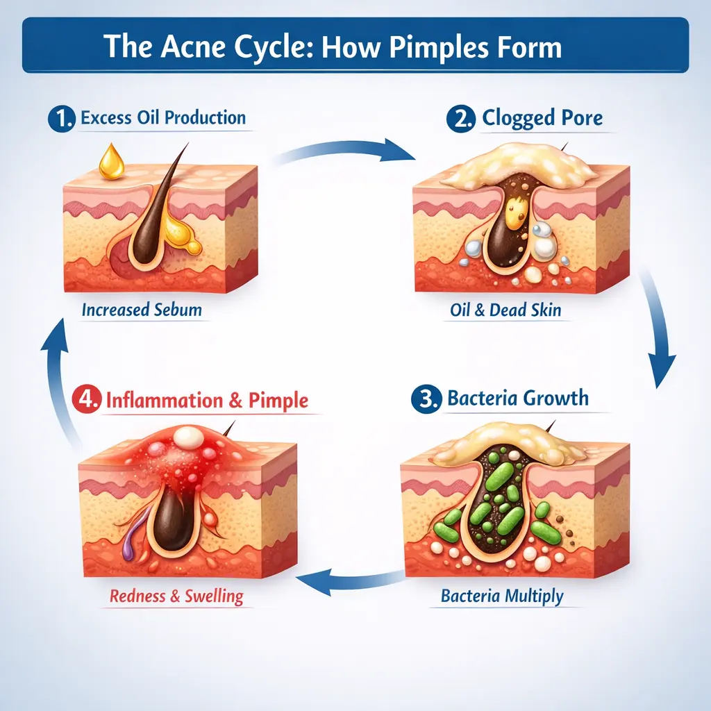 Acne cycle diagram showing excess oil, clogged pore, bacteria growth, and inflammation leading to pimples
