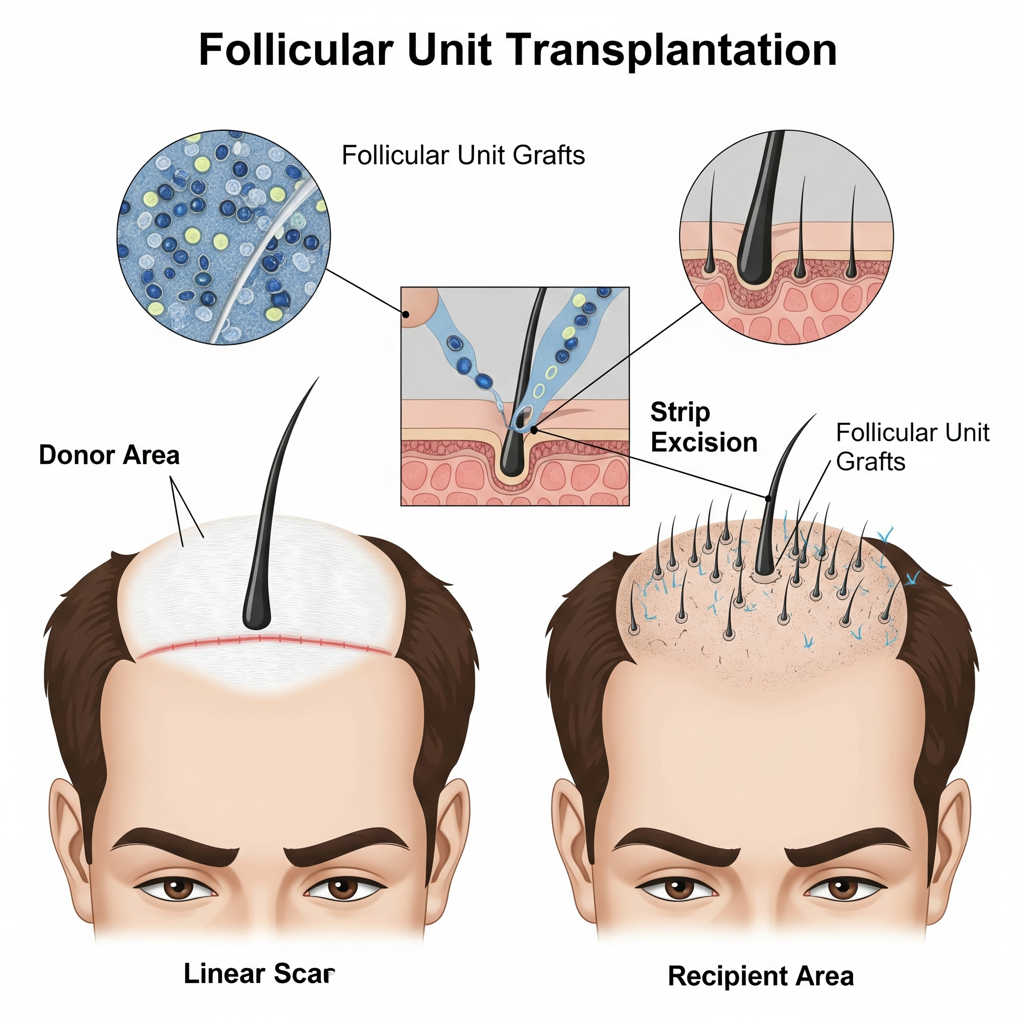 FUT hair transplant diagram showing strip removal, follicle dissection, and linear donor scar.