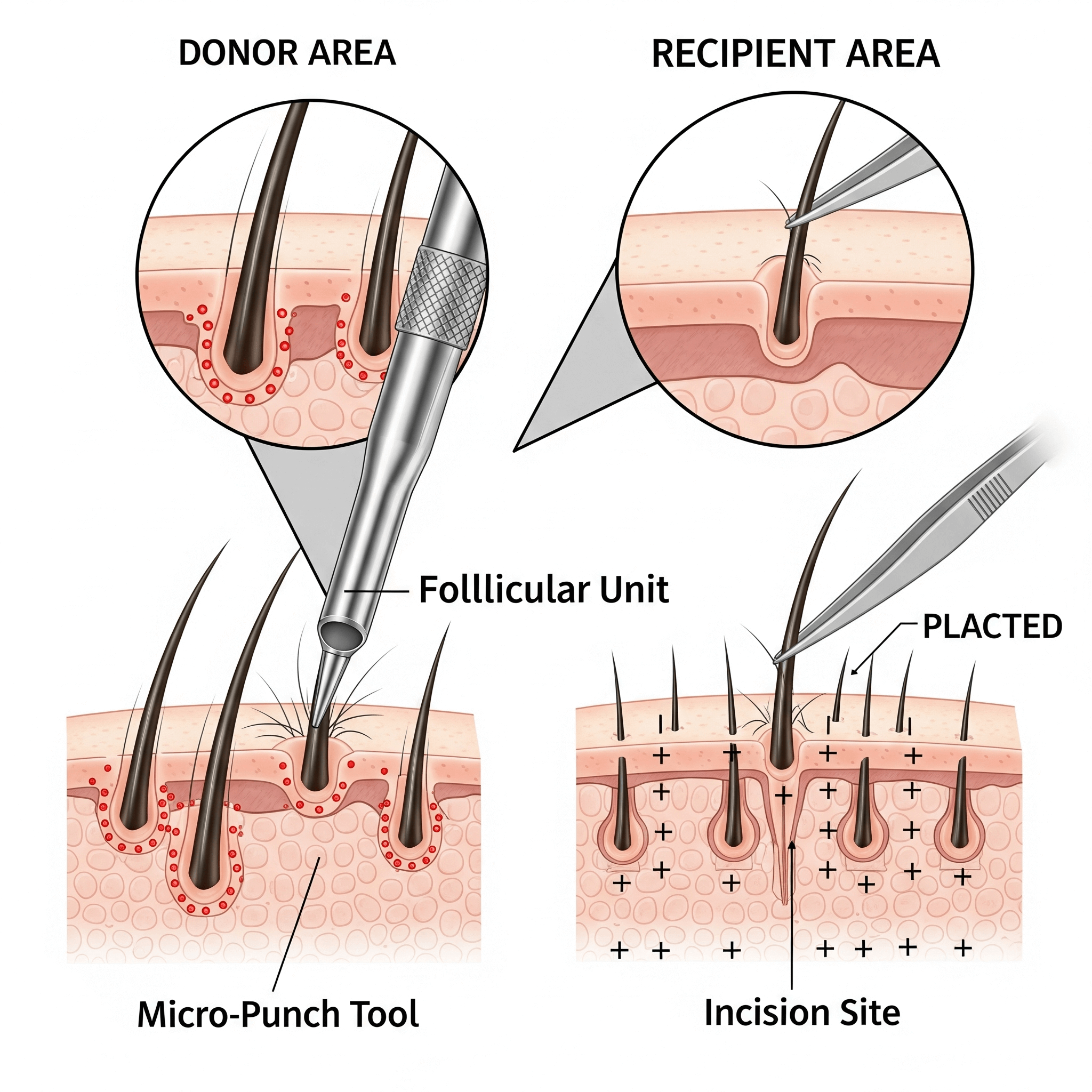 FUE hair transplant diagram showing individual follicle extraction with micro-punch and implantation.
