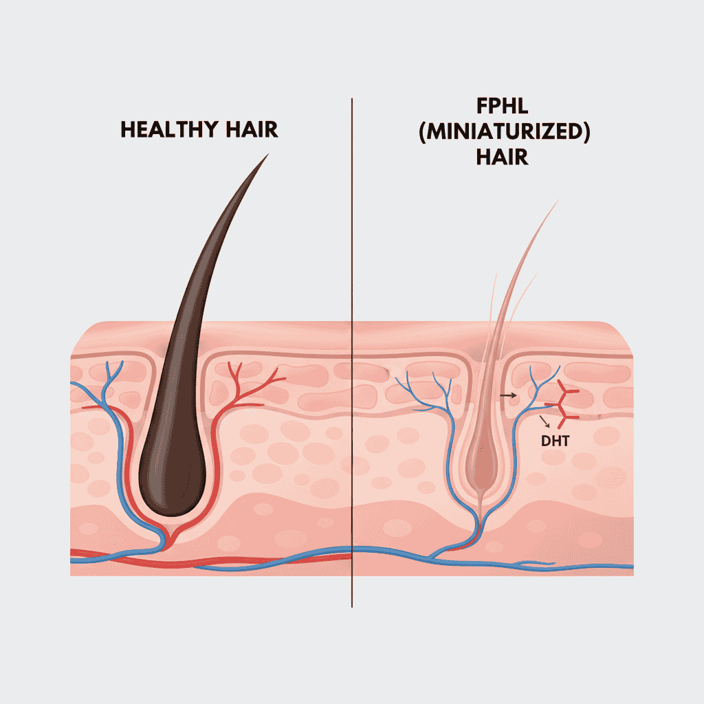 A diagram illustrating the process of hair follicle miniaturization, a key cause of female pattern hair loss.