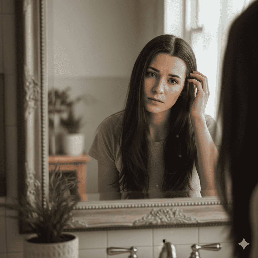 A woman looking thoughtfully at her reflection, touching her hair with a worried expression, conveying the emotional impact and self-consciousness associated with female pattern hair loss.