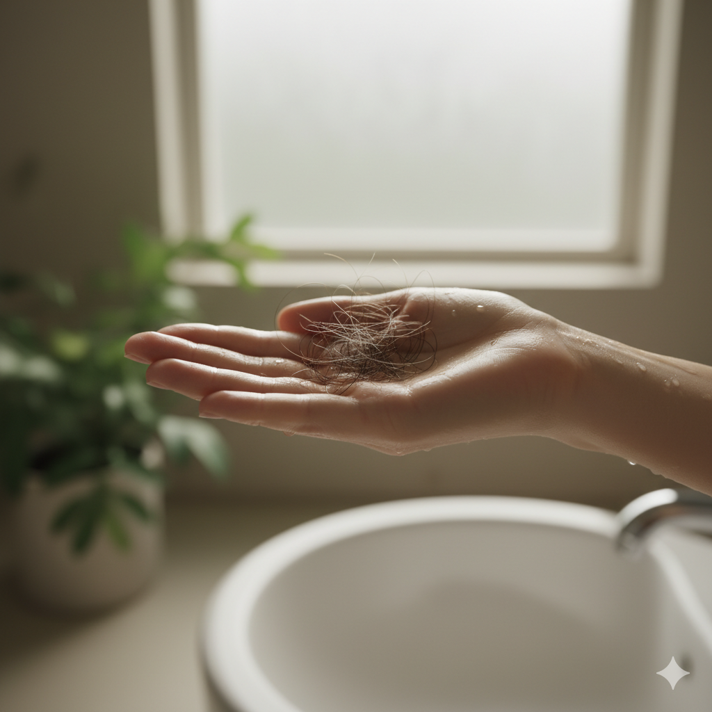 Hand holding a clump of shed hair after washing, illustrating hair loss caused by telogen effluvium.