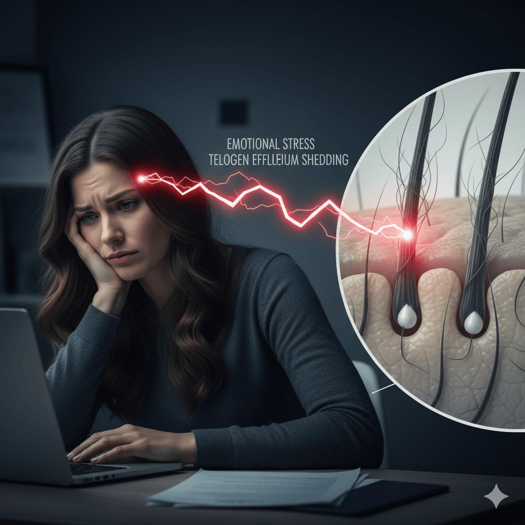 Abstract visualization of stress leading to hair loss, symbolizing a Telogen Effluvium trigger like major illness or emotional shock.