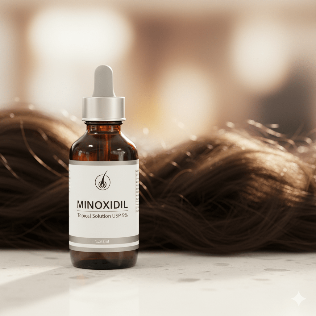 Stylish product shot of a Minoxidil Topical Solution bottle, symbolizing the treatment used to reverse hair loss as measured by the Norwood Scale.