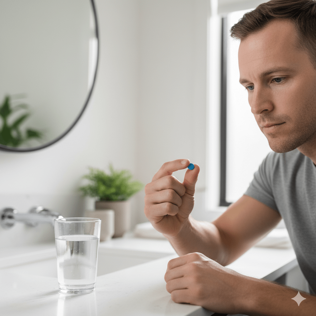 Man holding a Finasteride pill as part of hair loss treatment routine 