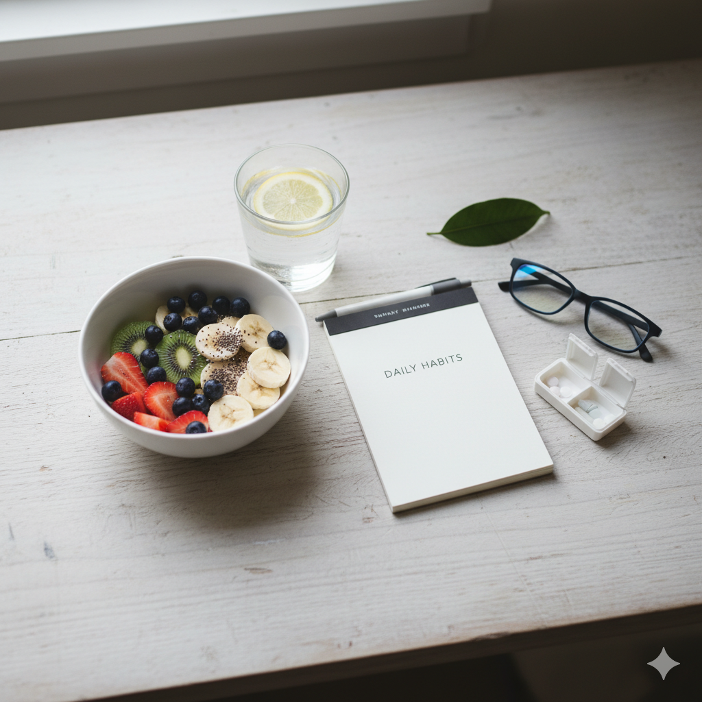 Bowl of fresh fruit with a daily habits notepad, water, and glasses on a simple wooden table, representing healthy routine.