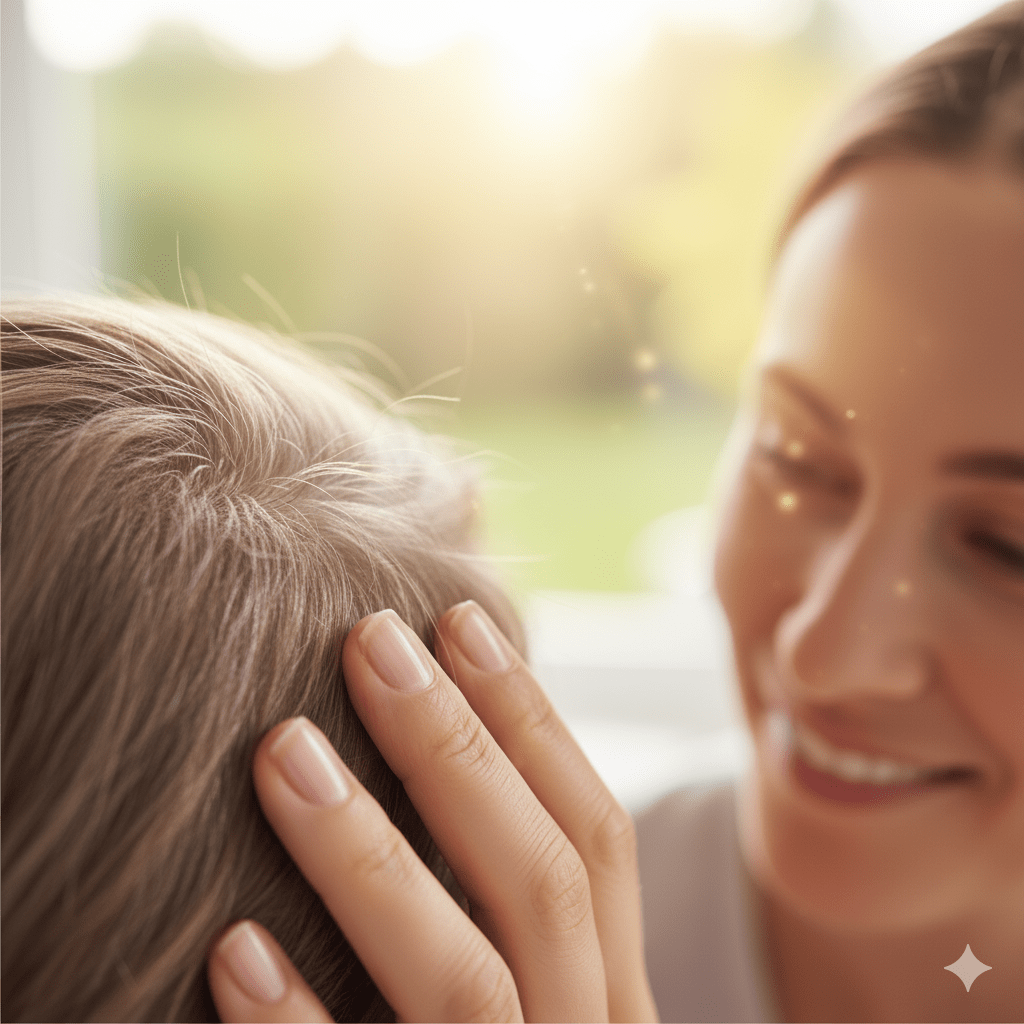 Woman gently touching scalp showing emotional support during anagen effluvium hair loss recovery