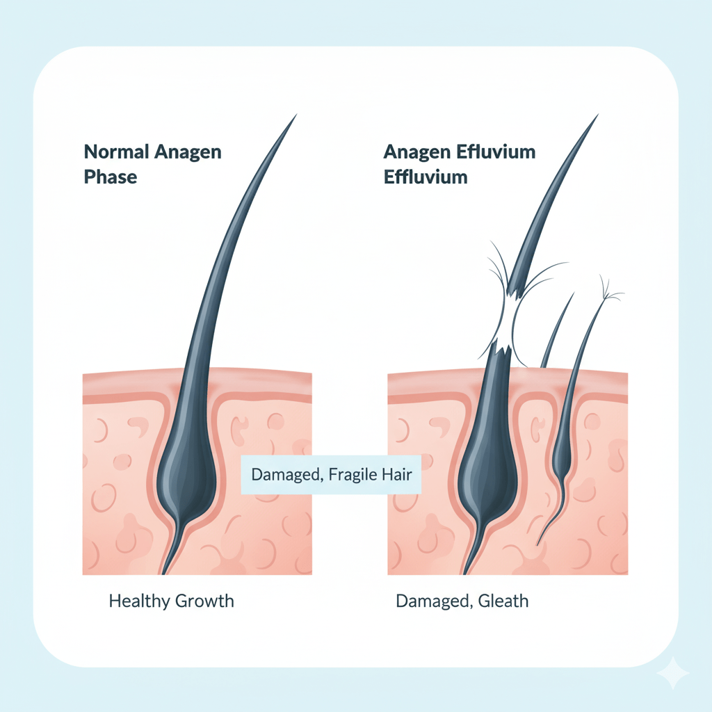 Medical illustration comparing normal anagen hair growth with damaged follicles in anagen effluvium