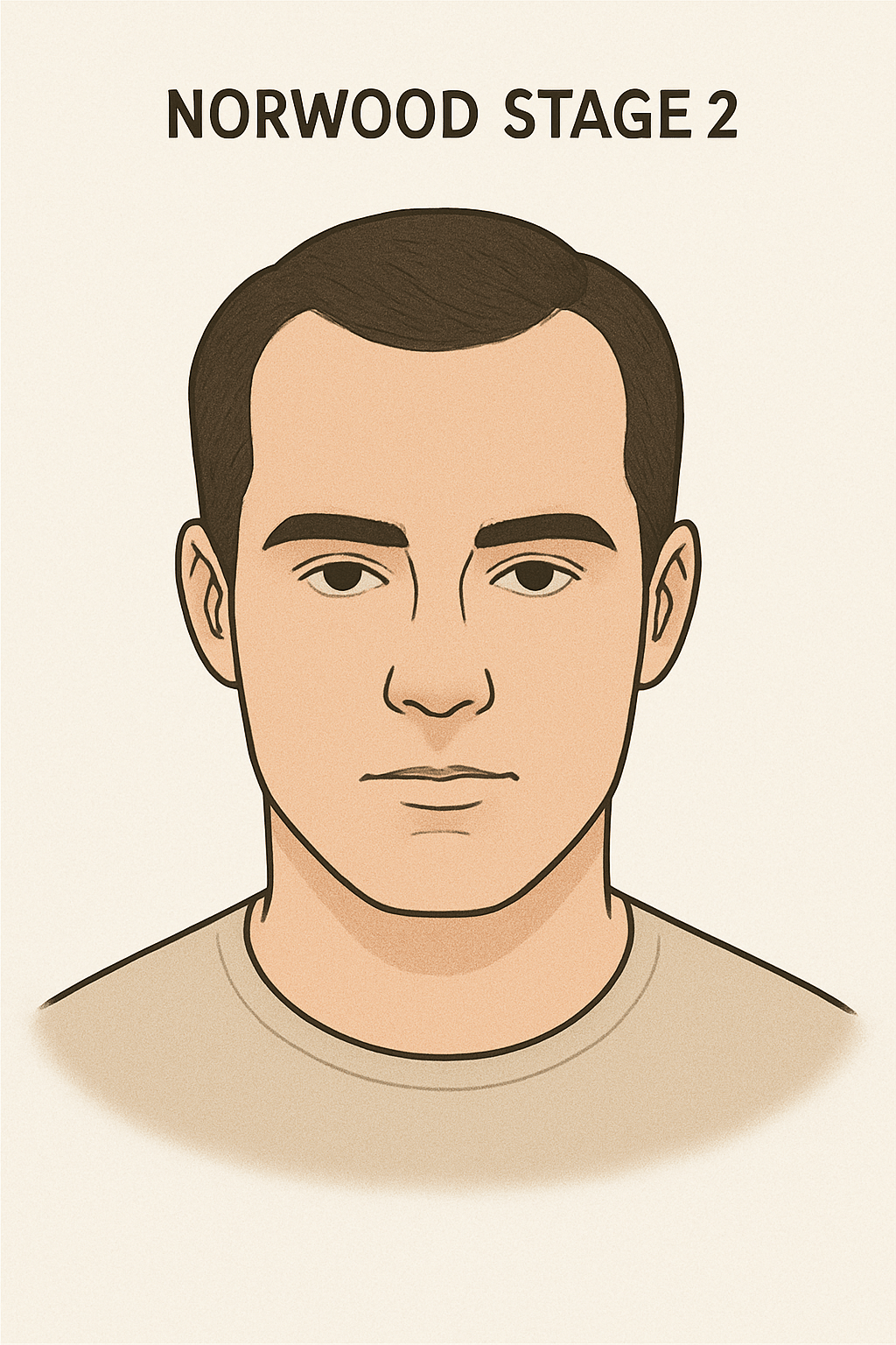 Norwood Scale Stage 2 diagram showing slight temple recession while the crown remains fully covered.