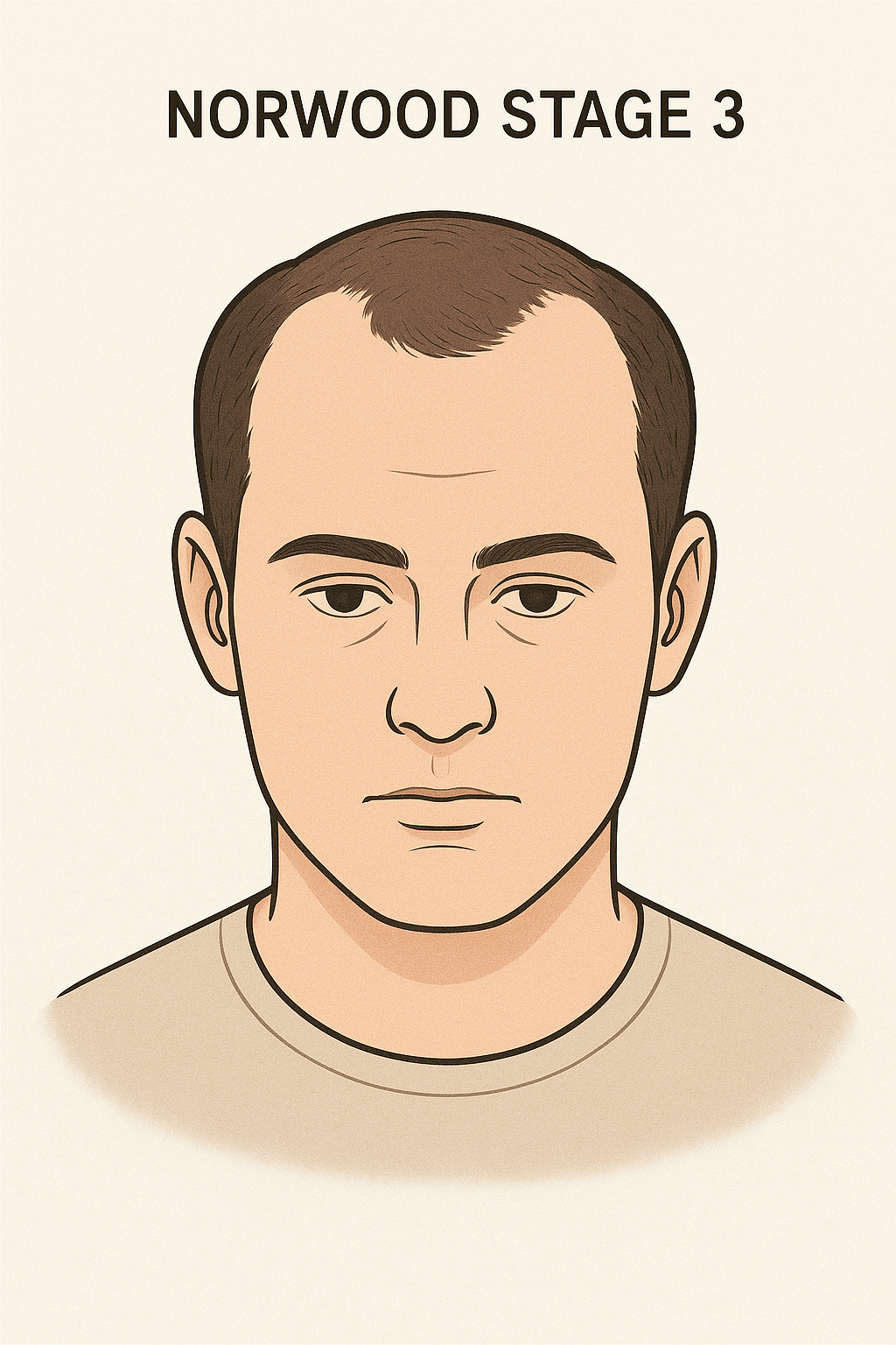 Norwood Scale Stage 3 illustration showing clear M-shaped hairline recession typical of early male pattern baldness.