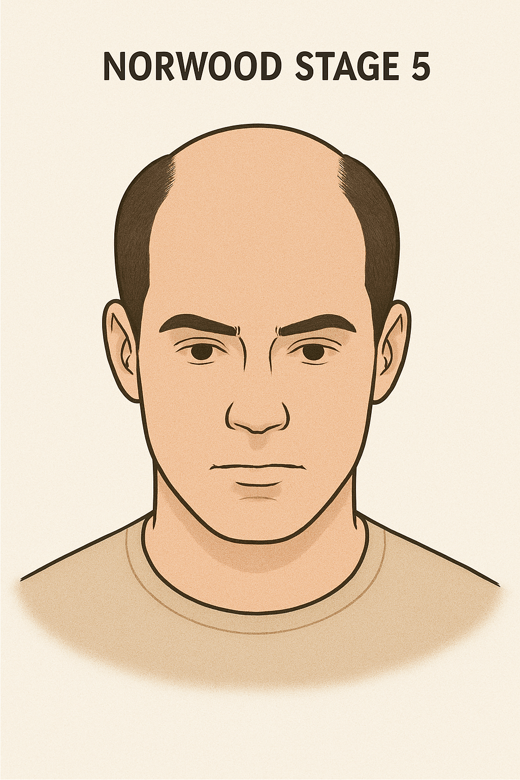 Norwood Scale Stage 5 image showing connected bald areas on the crown and front with thinning on top.