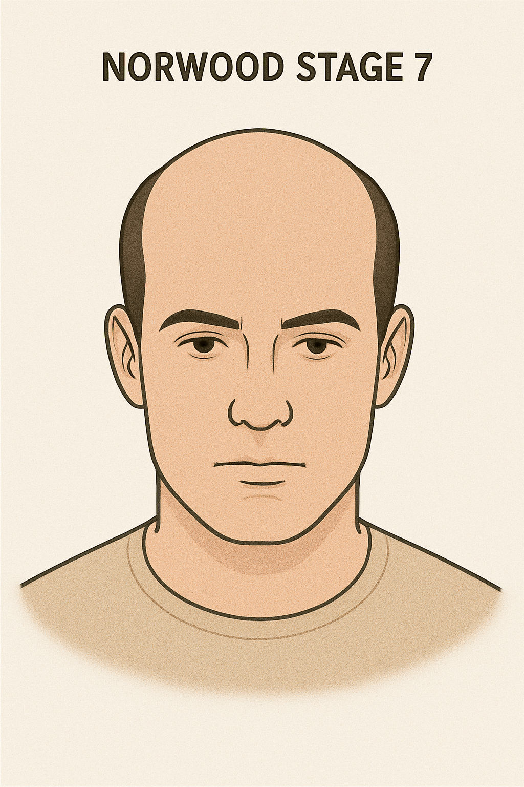 Norwood Scale Stage 7 chart showing complete baldness on top with a thin horseshoe strip of side and back hair.