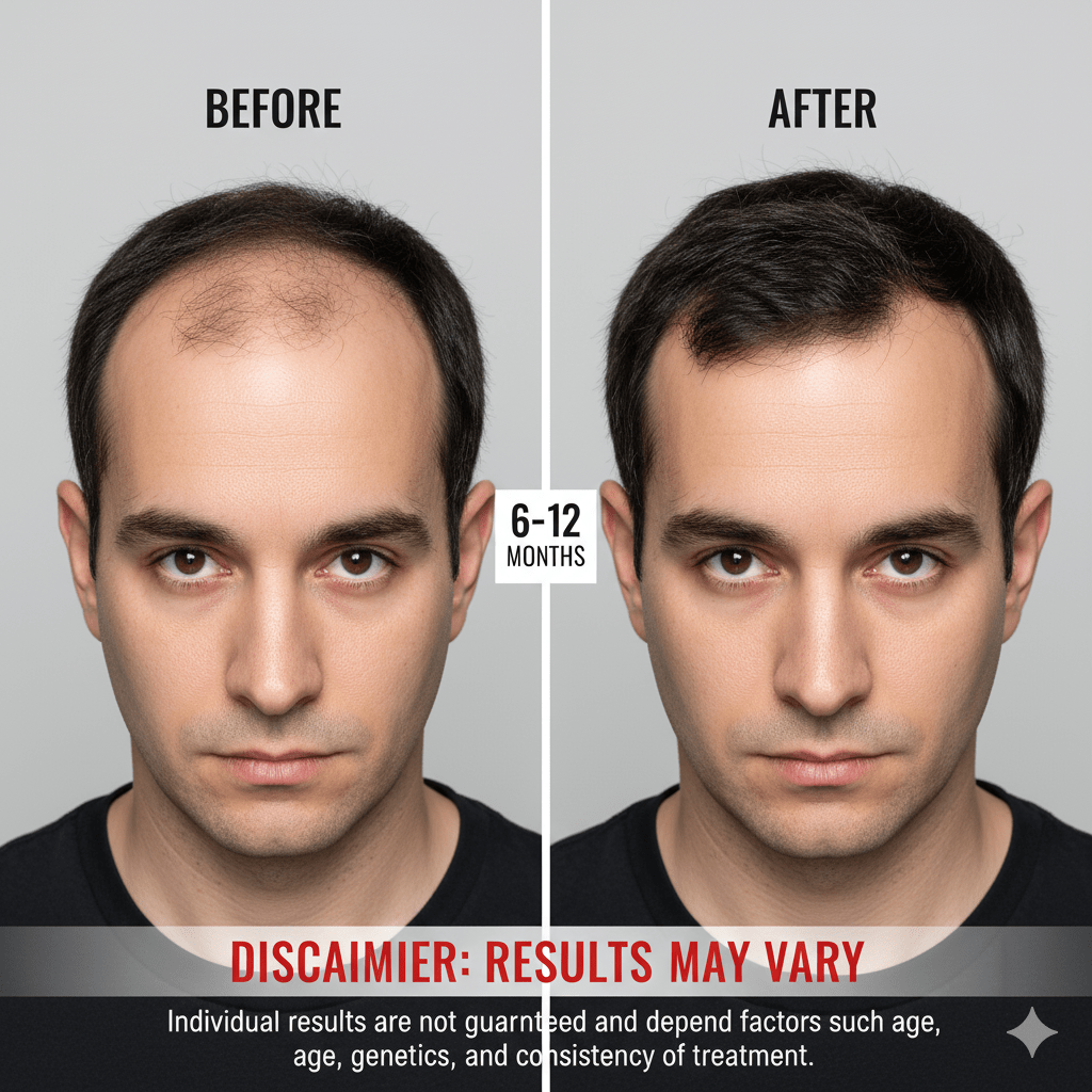 Before-and-after hair regrowth results using Finasteride for Hair Loss.