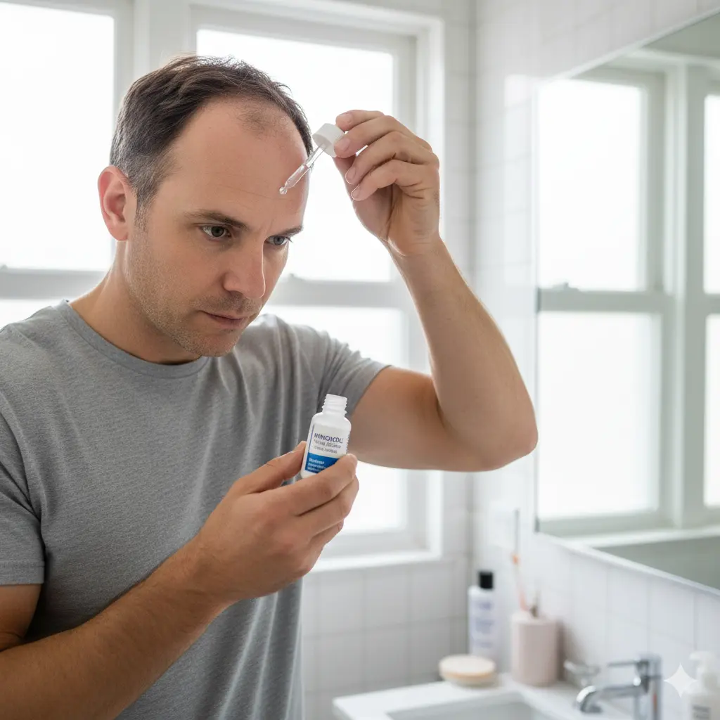 Man applying Minoxidil solution for male pattern baldness treatment
