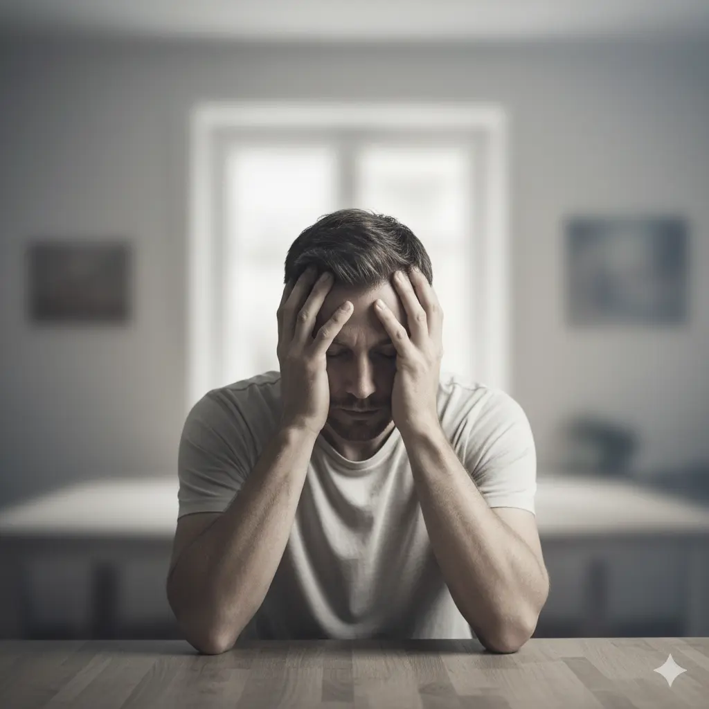 Man experiencing fatigue and mental fog related to Post-Finasteride Syndrome (PFS)