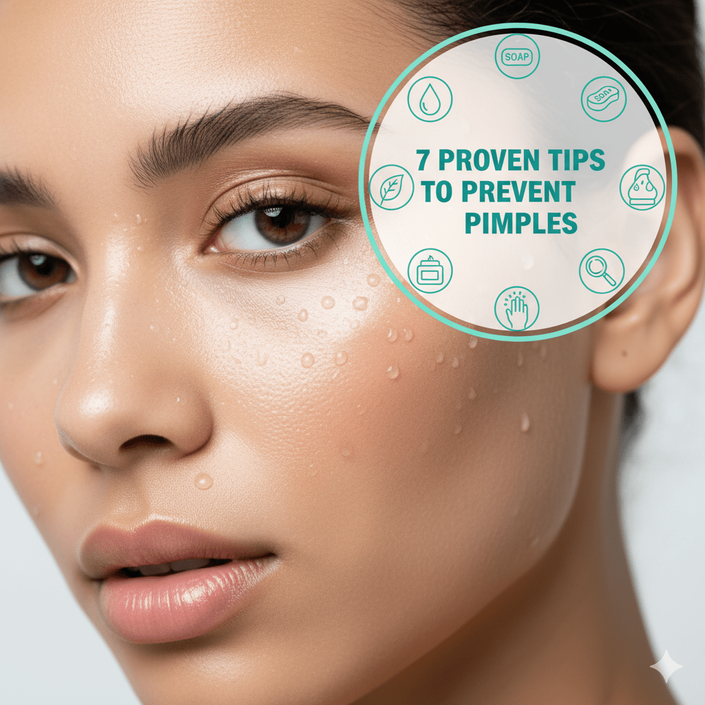 Clear glowing skin with water droplets and text showing 7 proven tips to prevent pimples