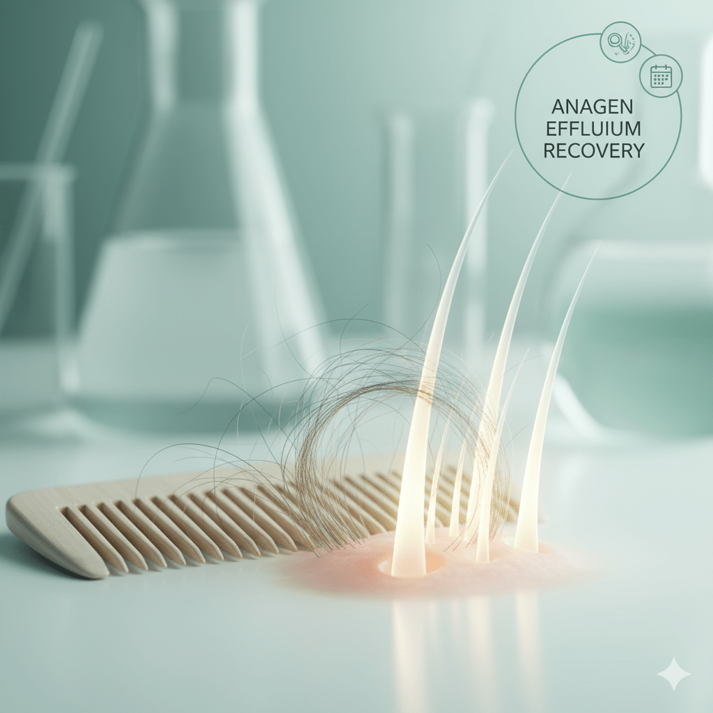 Illustration of hair loss and new hair growth from follicles next to a comb, symbolizing Anagen Effluvium recovery.