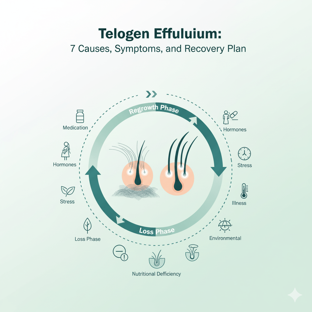 Informative graphic showing hair loss and regrowth phases with 7 causes of Telogen Effluvium like stress, hormones, and nutritional deficiency.