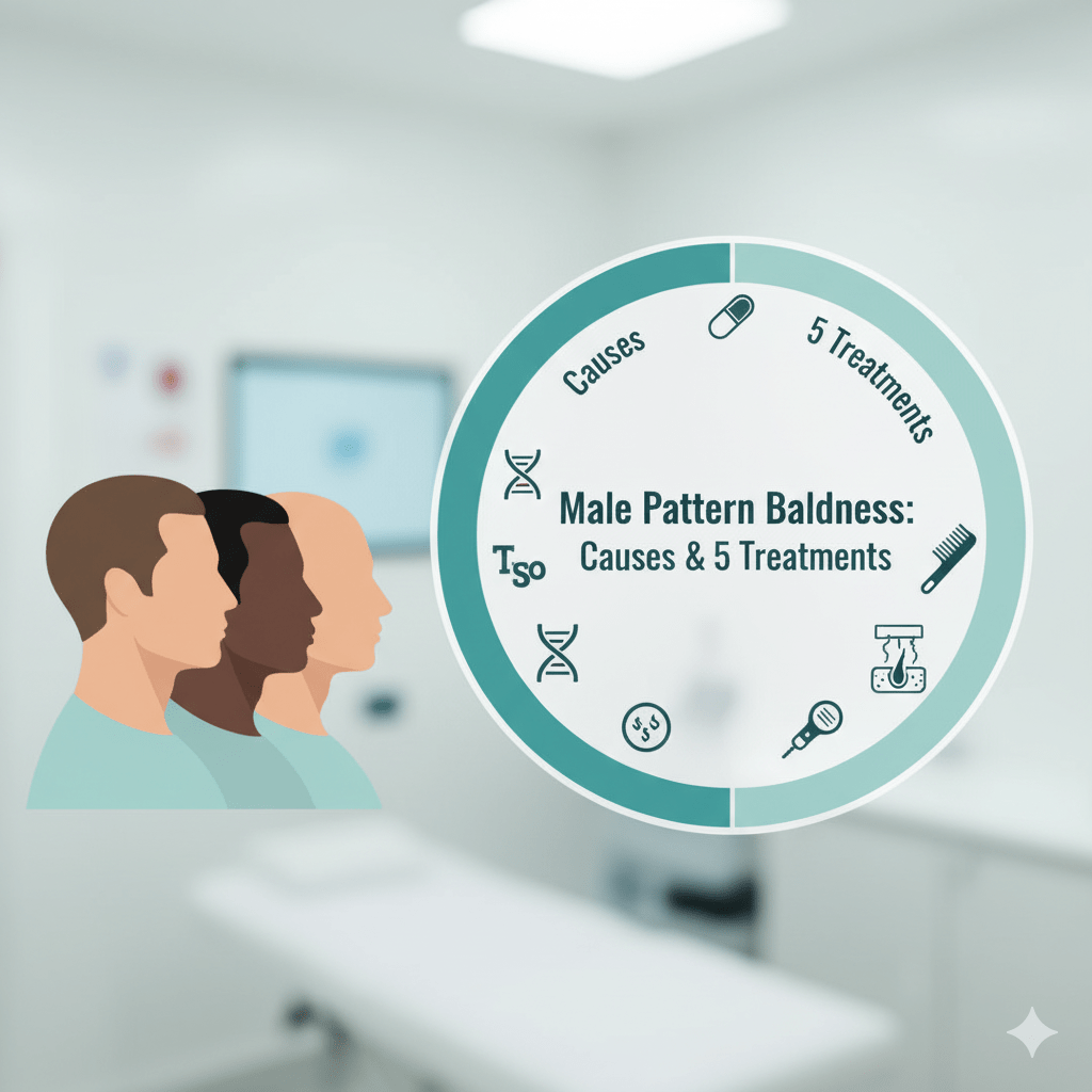 Diverse male head profiles representing male pattern baldness, with a graphic highlighting causes and 5 proven treatments.