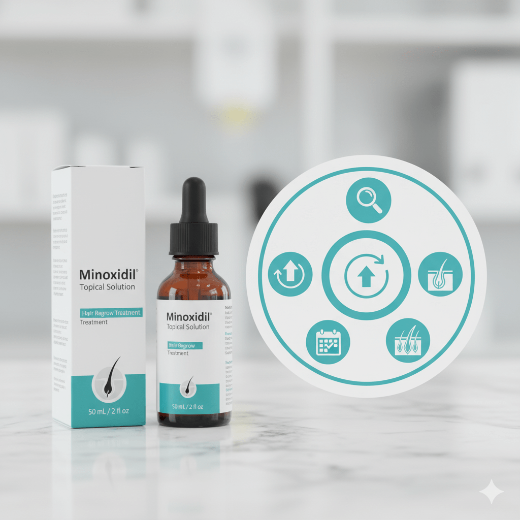 Minoxidil topical solution bottle with hair regrowth and treatment icons for male pattern baldness timeline guide.