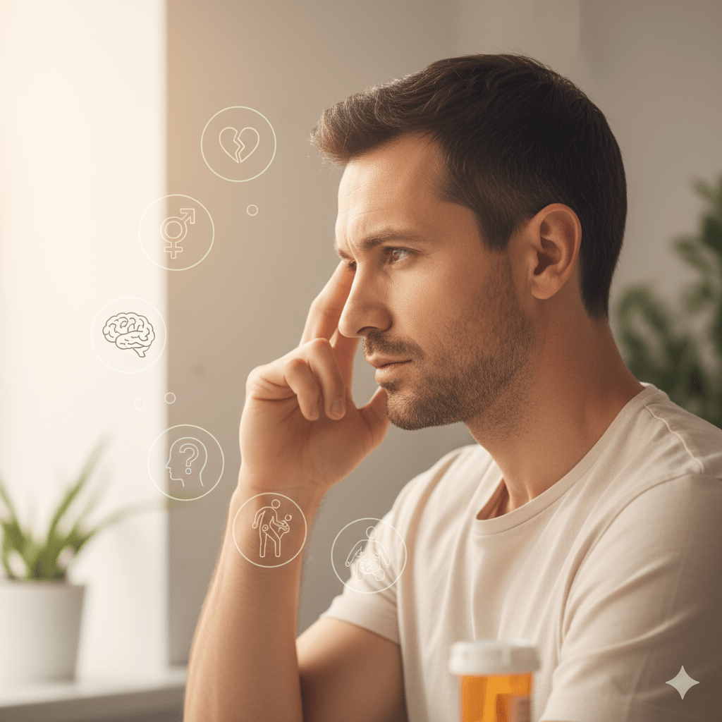 Man experiencing symptoms of Post-Finasteride Syndrome with Finasteride pills in background