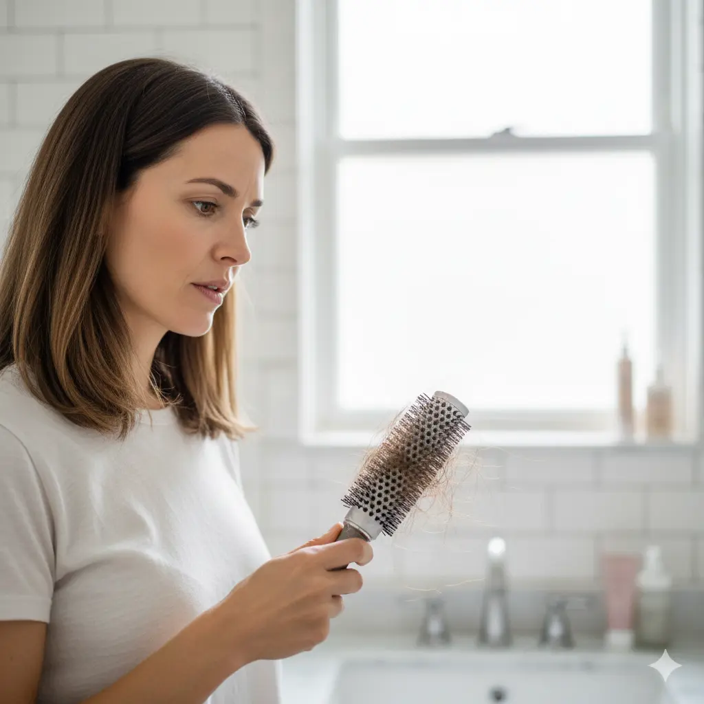 Woman noticing hair shedding from Telogen Effluvium during brushing