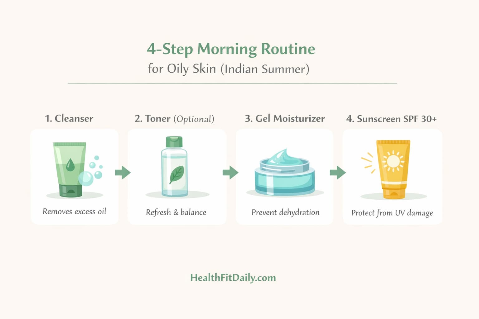 Infographic showing cleanser toner moisturizer and sunscreen steps
Morning skincare routine for oily and acne prone skin
Simple summer routine to control excess oil
