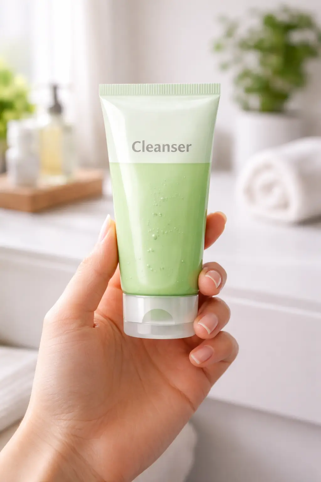 Light green facial cleanser for oily and acne prone skin
Dermatology style gel face wash for summer
Minimal cleanser tube for oily skin routine
