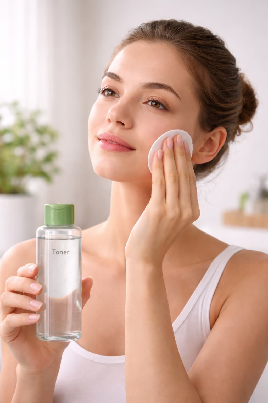 Girl using toner on face during summer skincare routine
Applying facial toner for oily and acne prone skin
Woman gently patting toner on cheek with cotton pad
