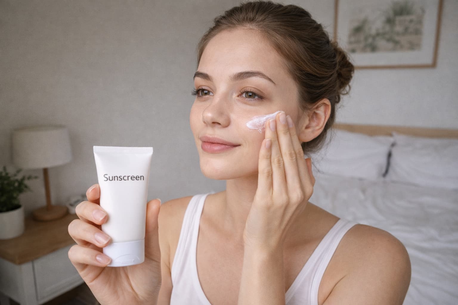 Girl applying sunscreen cream to cheek indoors
Applying SPF sunscreen for oily skin routine
Indoor sunscreen application during daytime skincare
