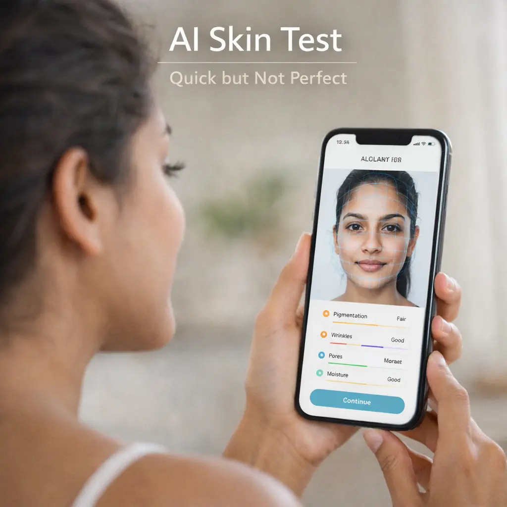 Woman using AI skin analysis app on smartphone to assess skin type and condition at home