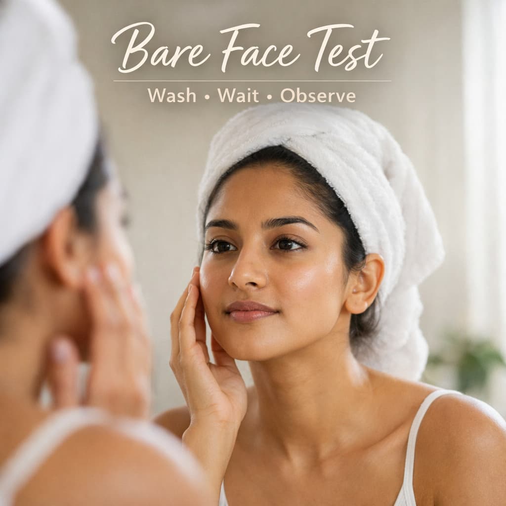 Woman performing bare face test at home to identify natural skin type after cleansing and waiting without skincare products