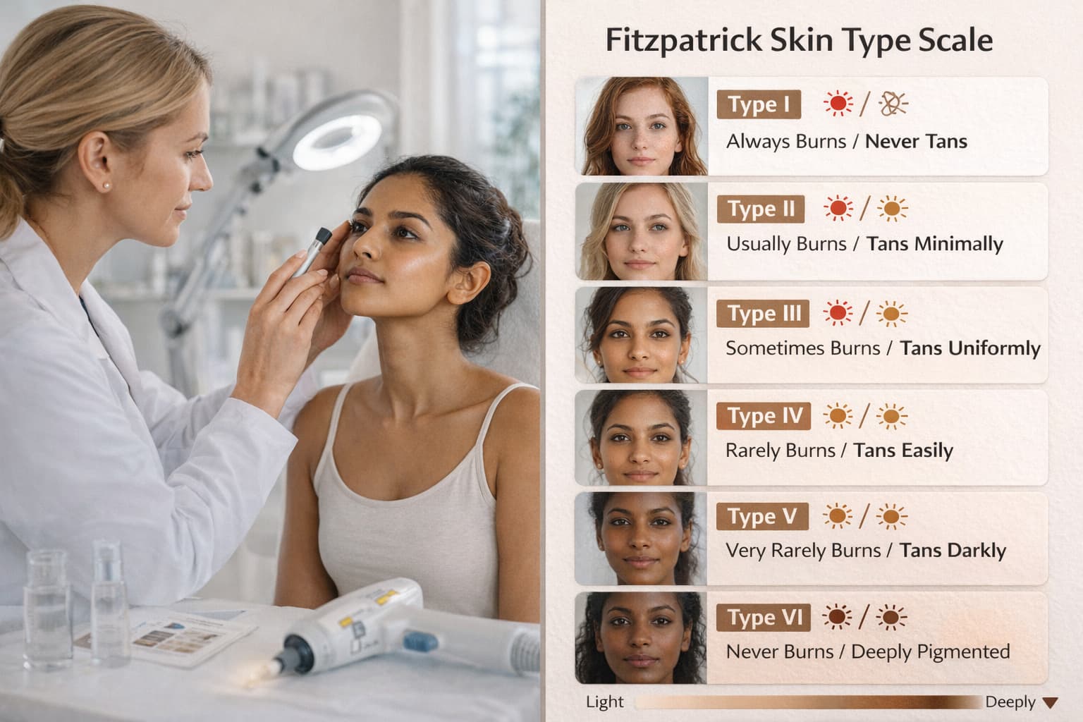 Fitzpatrick Skin Phototype scale chart showing six skin types based on sunburn and tanning response used in dermatology treatment planning