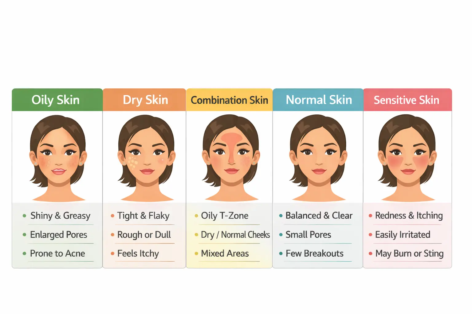 identify your skin type comparison chart showing oily, dry, combination, normal and sensitive skin