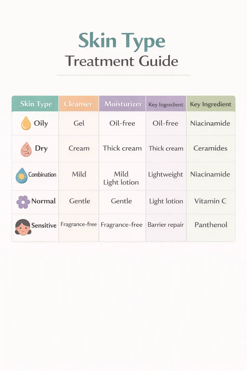 Skin type treatment guide table showing cleanser, moisturizer and key ingredients for oily, dry, combination, normal and sensitive skin