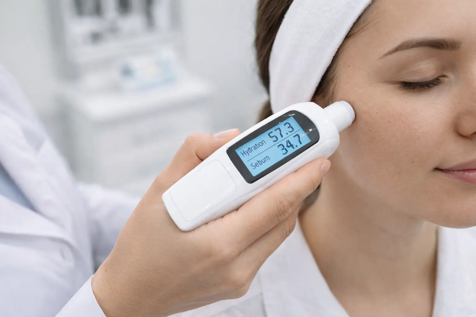 Dermatologist using handheld skin analysis device to measure hydration and sebum levels on patient’s cheek