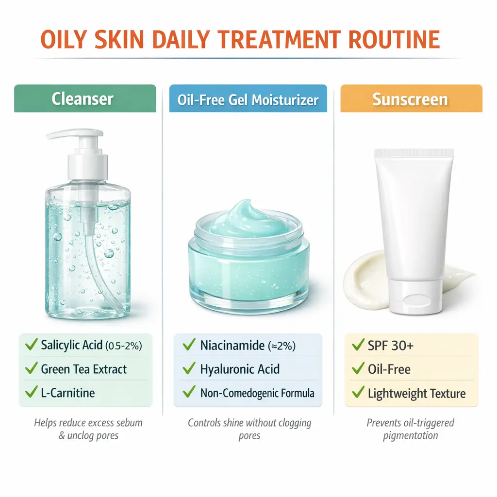 Oily skin treatment routine with salicylic acid cleanser, niacinamide moisturizer and matte sunscreen