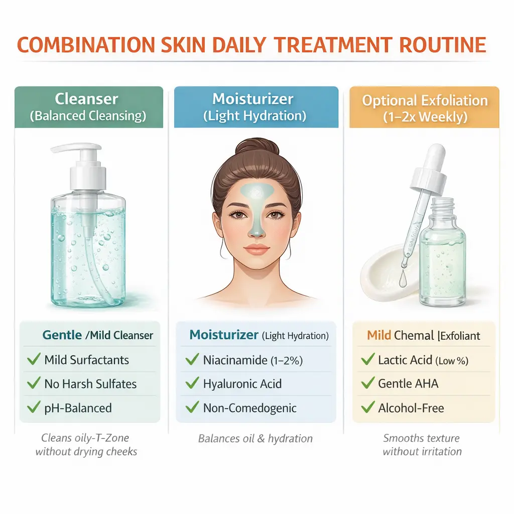 Combination skin treatment routine with gentle cleanser, niacinamide moisturizer and lactic acid exfoliant