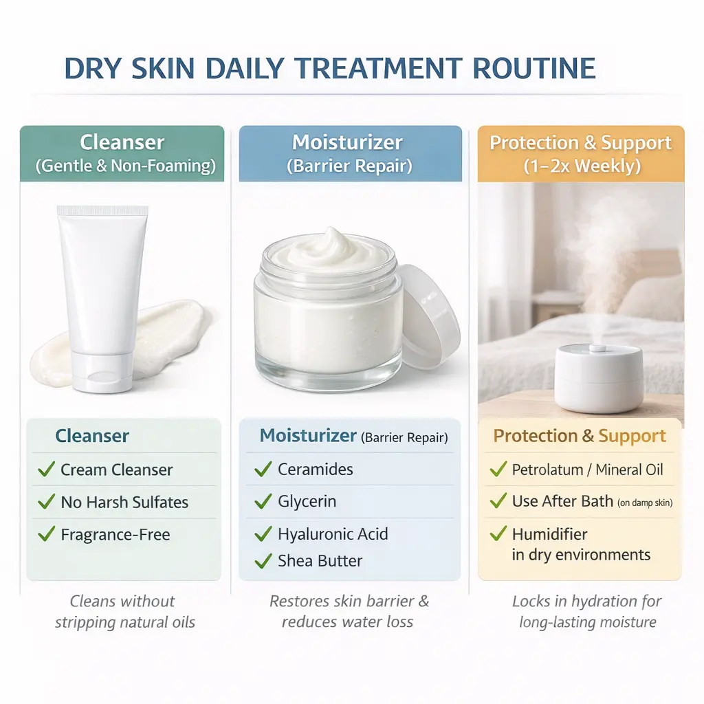 Dry skin daily treatment routine with ceramide moisturizer, hyaluronic acid and barrier repair ingredients