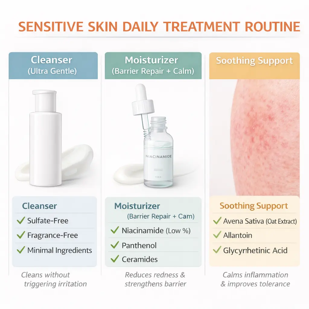 Sensitive skin daily treatment routine with niacinamide, panthenol and oat extract for calming and barrier repair