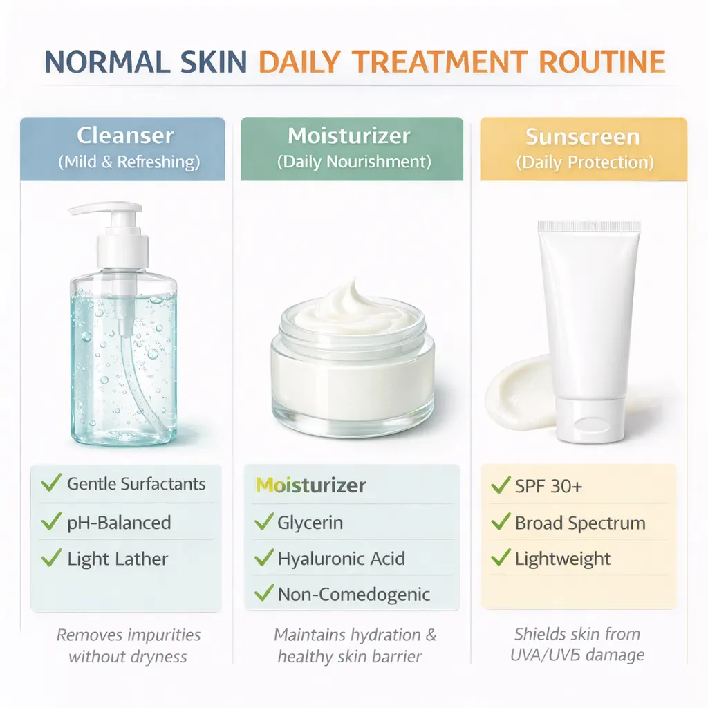 Normal skin daily treatment routine with gentle cleanser, hydrating moisturizer and broad spectrum sunscreen