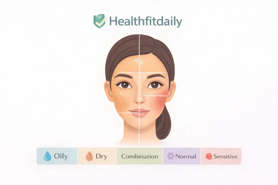 Healthfitdaily skin type guide illustration showing oily, dry, combination, normal and sensitive skin areas