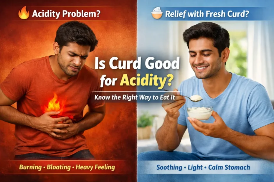 Indian man showing acidity pain before and relief after eating fresh homemade curd
