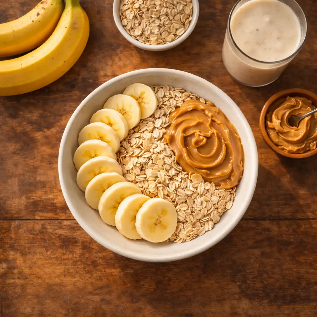 Top view of banana slices with oats and peanut butter in a bowl on a wooden table, healthy energy breakfast
