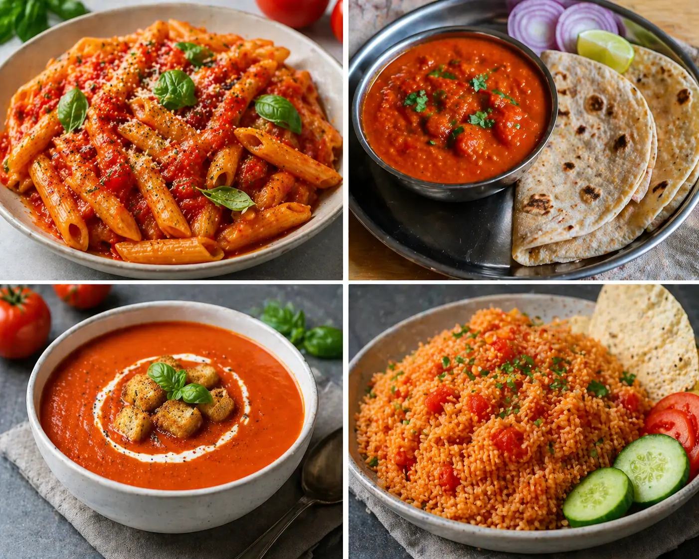 tomato pasta curry soup and rice dishes