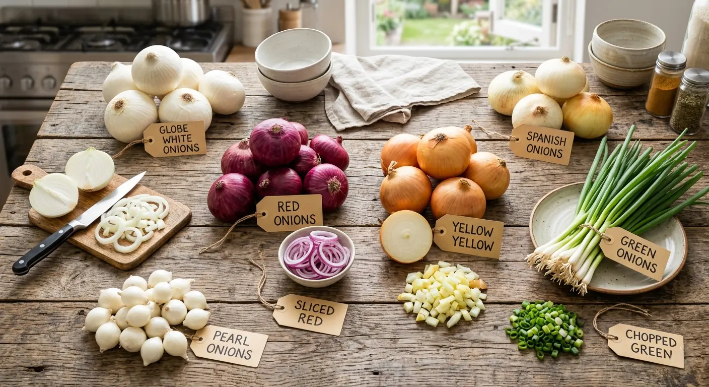 red white yellow and green onion comparison with uses and benefits