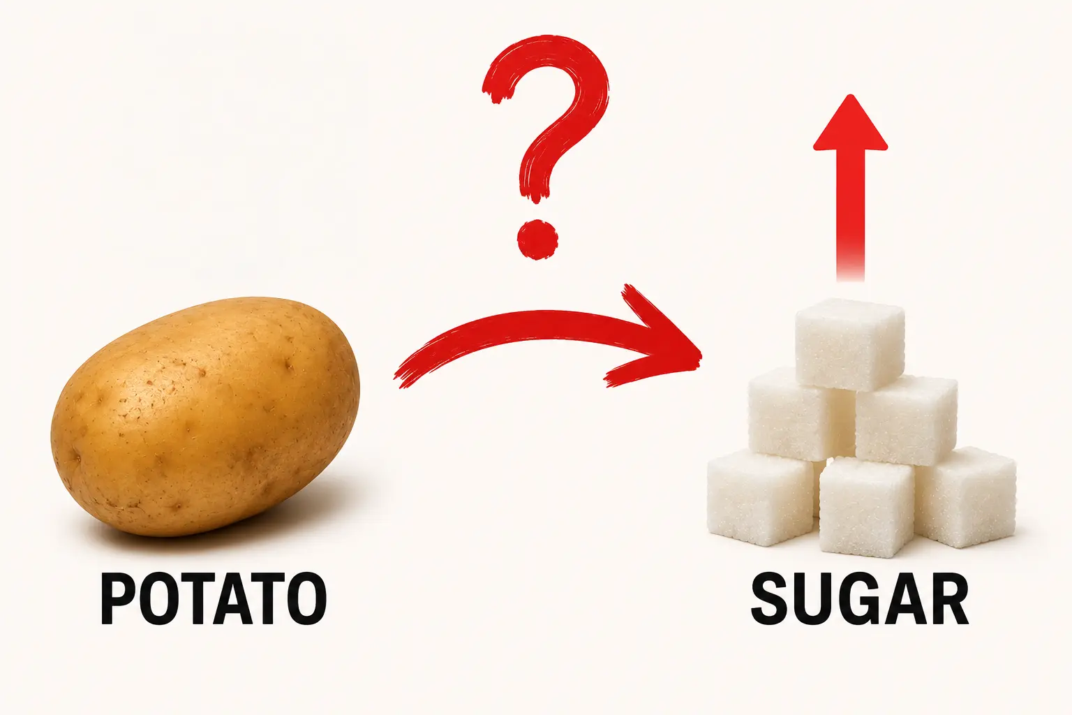 Potato and sugar cubes with upward arrows and question mark illustrating potential blood sugar spike