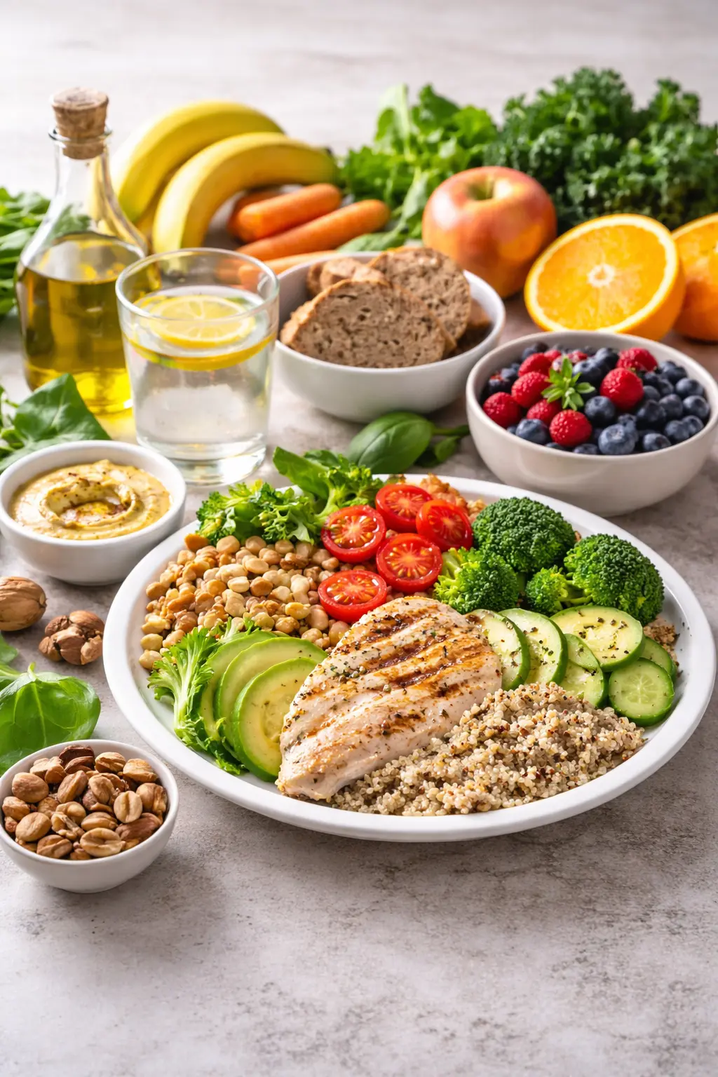 food and nutrition balanced diet with fruits vegetables protein grains and nuts