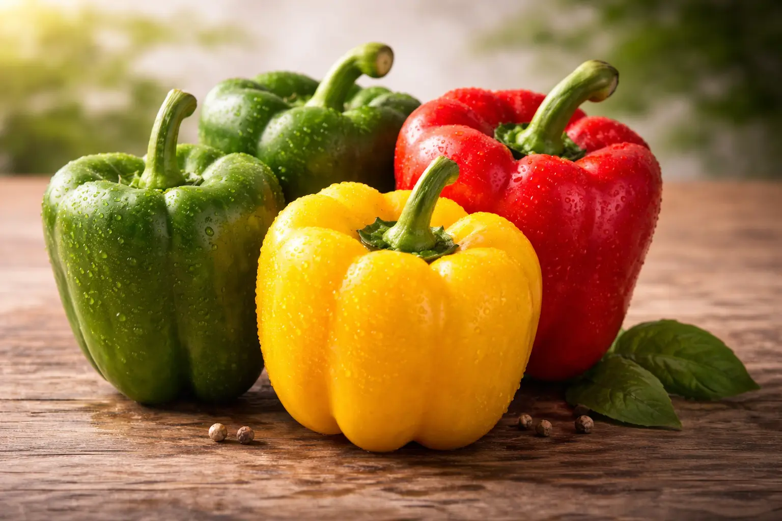 fresh colorful capsicum shimla mirch with water drops on wooden surface healthy vegetable