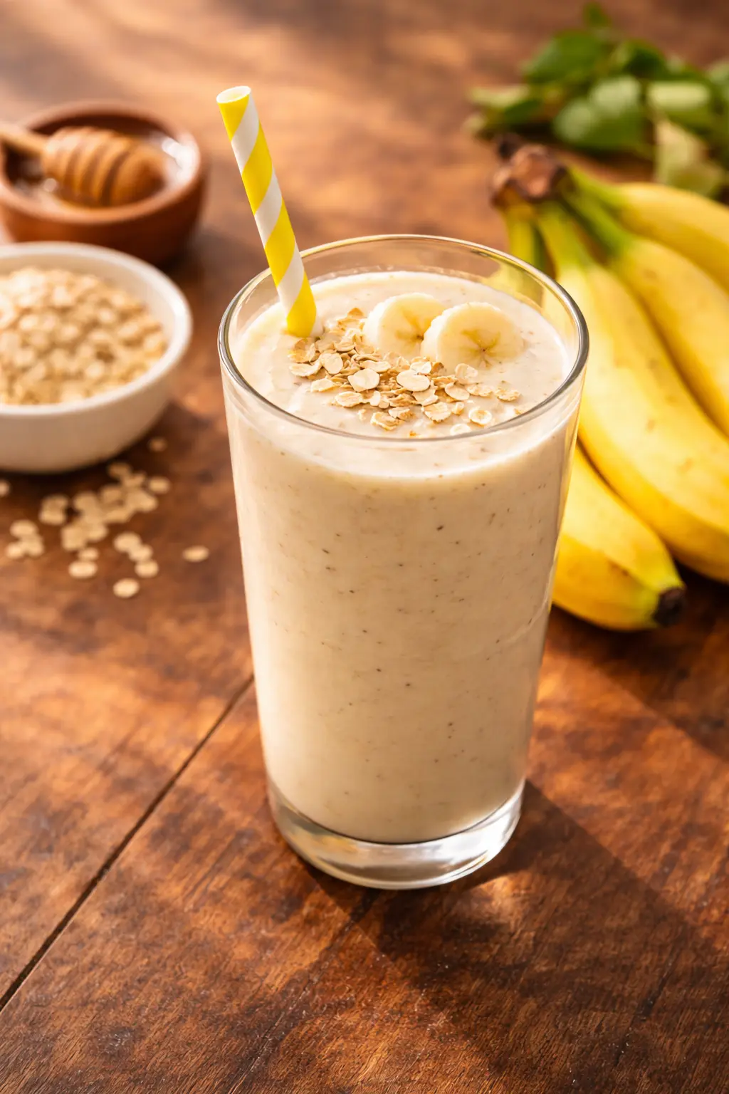 Fresh banana milkshake in a glass with banana slices, healthy natural energy